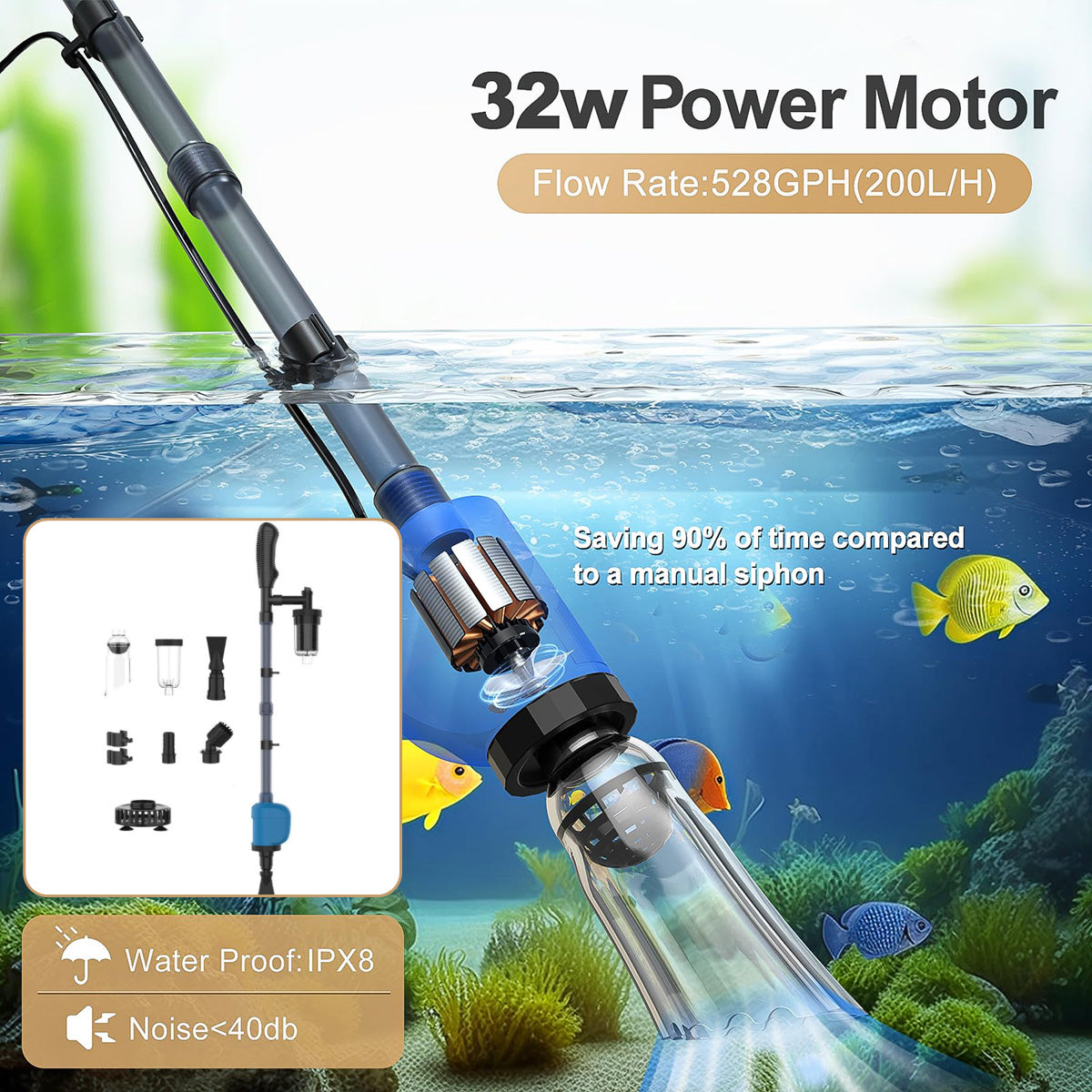 6-in-1 Aquarium Gravel Cleaner Water Changer Suction Pump 32W