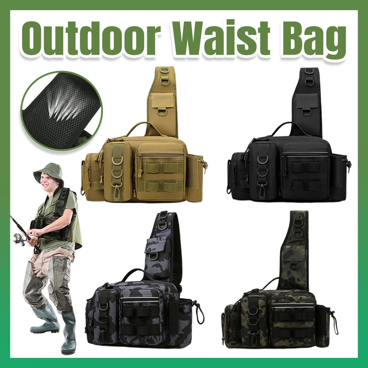 Tactical Fishing Backpack with MOLLE System and Multi-Carry Options