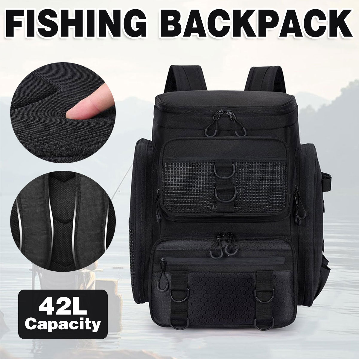42L Waterproof Fishing Backpack Large Capacity Multi-Compartment Gear Bag