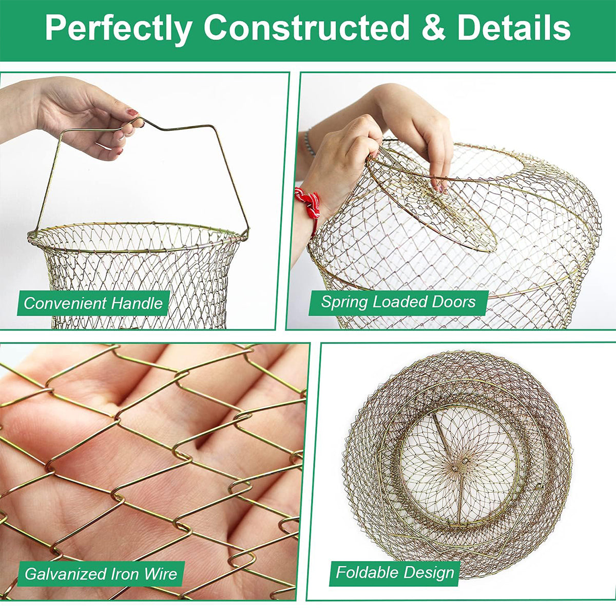 Foldable Galvanized Fish Trap Cage with Spring-Loaded Doors