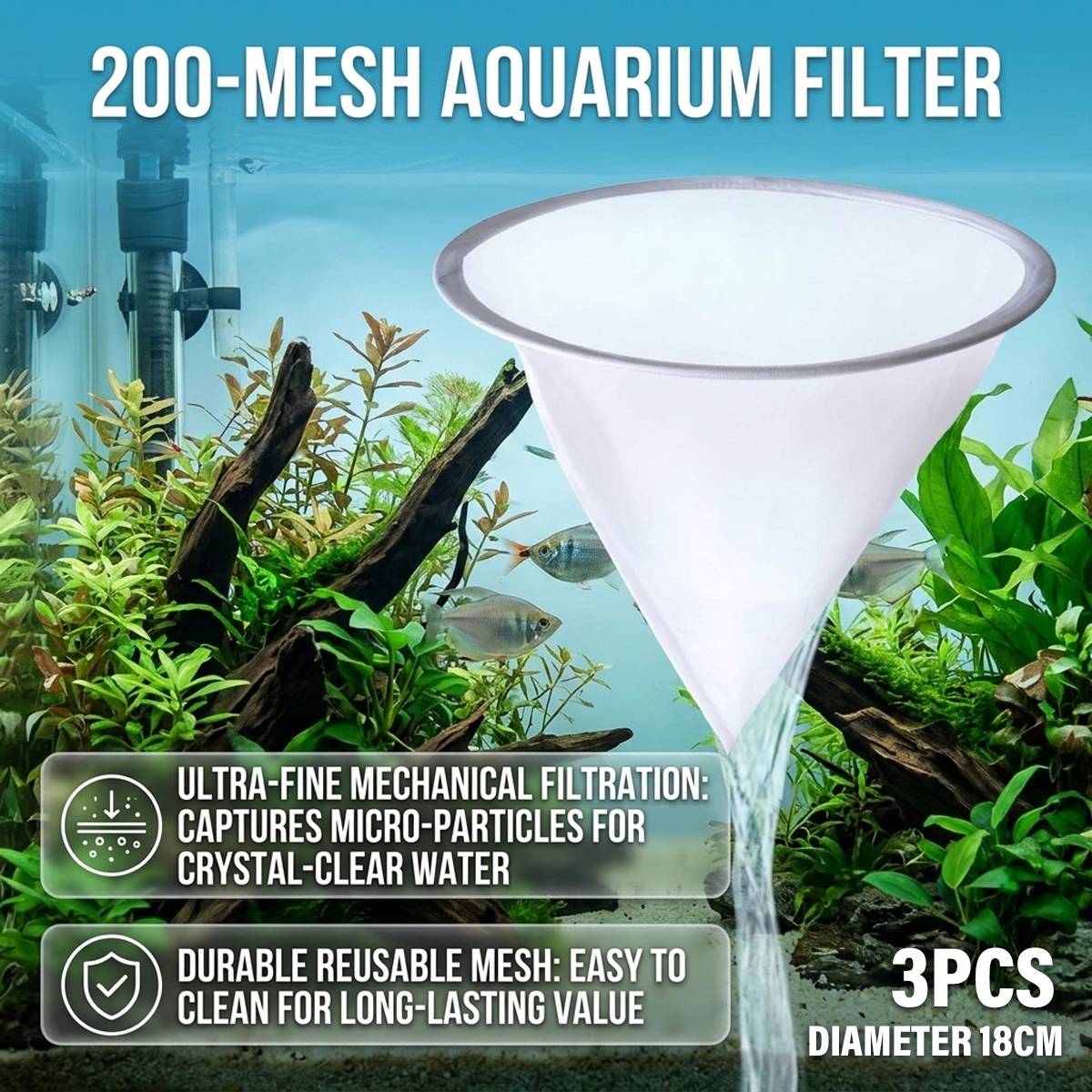 Three 18cm aquarium filter mesh screens – product view 2