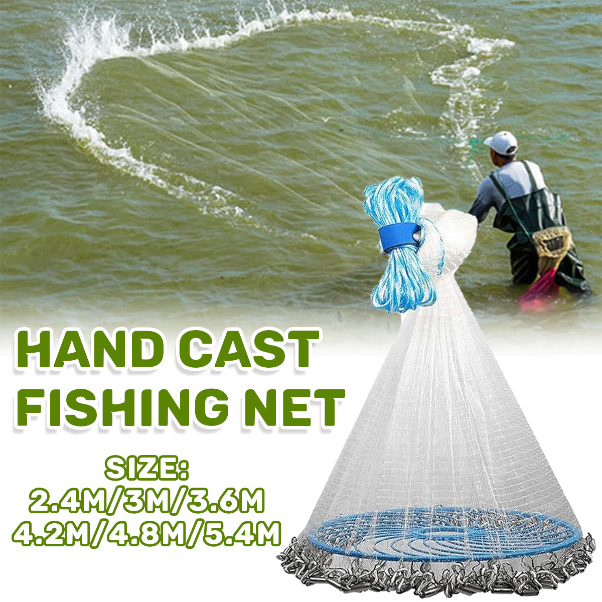 Hand Cast Fishing Net Foldable Weighted Nylon Throw Net