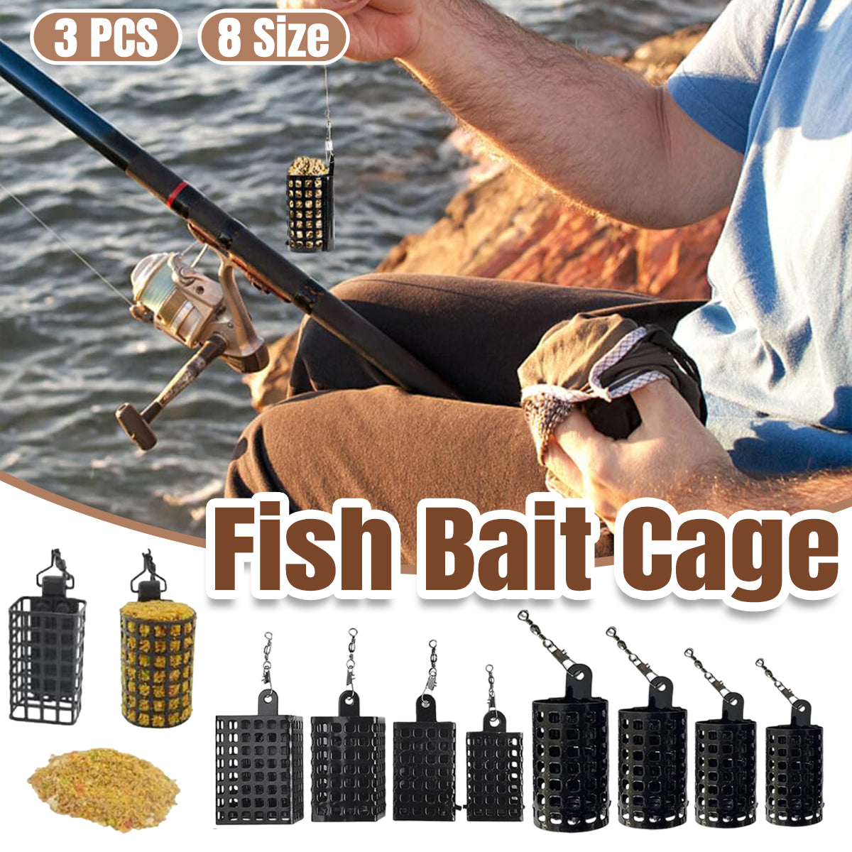 3pcs Stainless Steel Fishing Bait Cage Set with Snap Swivels