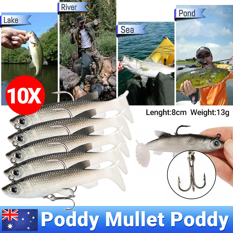 10PCS Soft Poddy Mullet Fishing Lures with Paddle Tail Vibration