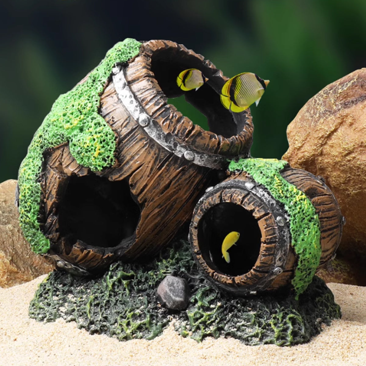 Aquarium Wine Barrel Decoration Resin Fish Tank Ornament With Moss
