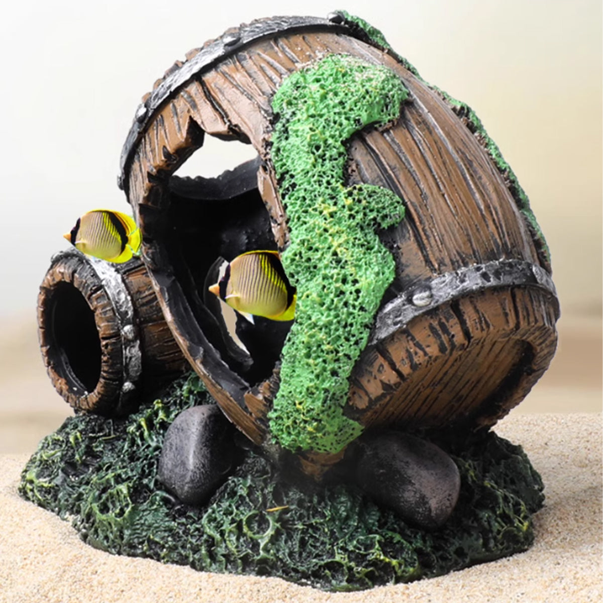Aquarium Wine Barrel Decoration Resin Fish Tank Ornament With Moss