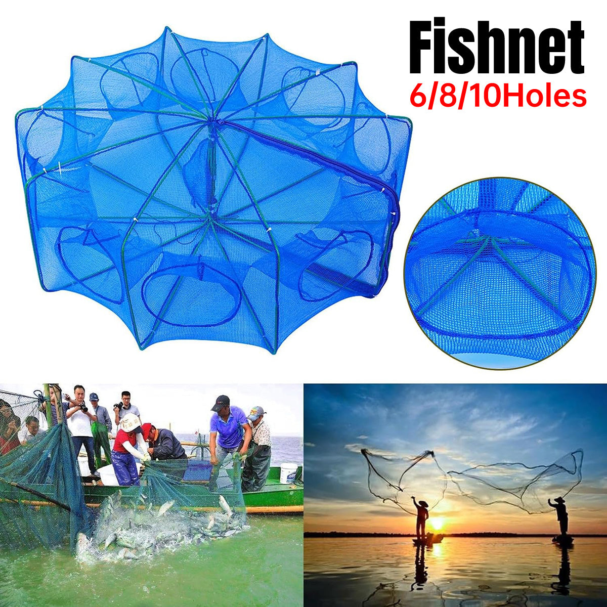 Foldable Fishing Net Trap with 6 8 10 Holes
