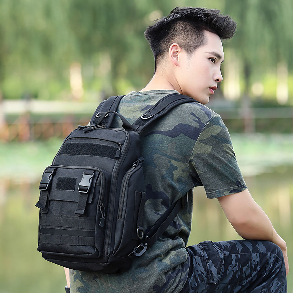 Men's Tactical Camouflage Backpack with Rod Holder for Outdoor Use