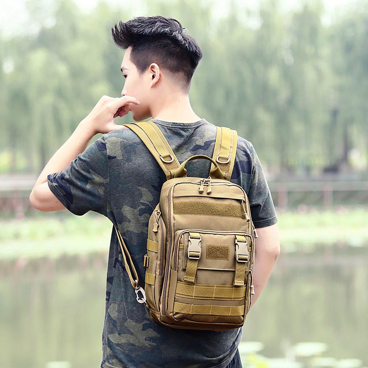 Men's Tactical Camouflage Backpack with Rod Holder for Outdoor Use