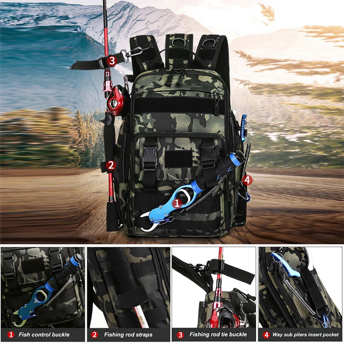 Men's Tactical Camouflage Backpack with Rod Holder for Outdoor Use