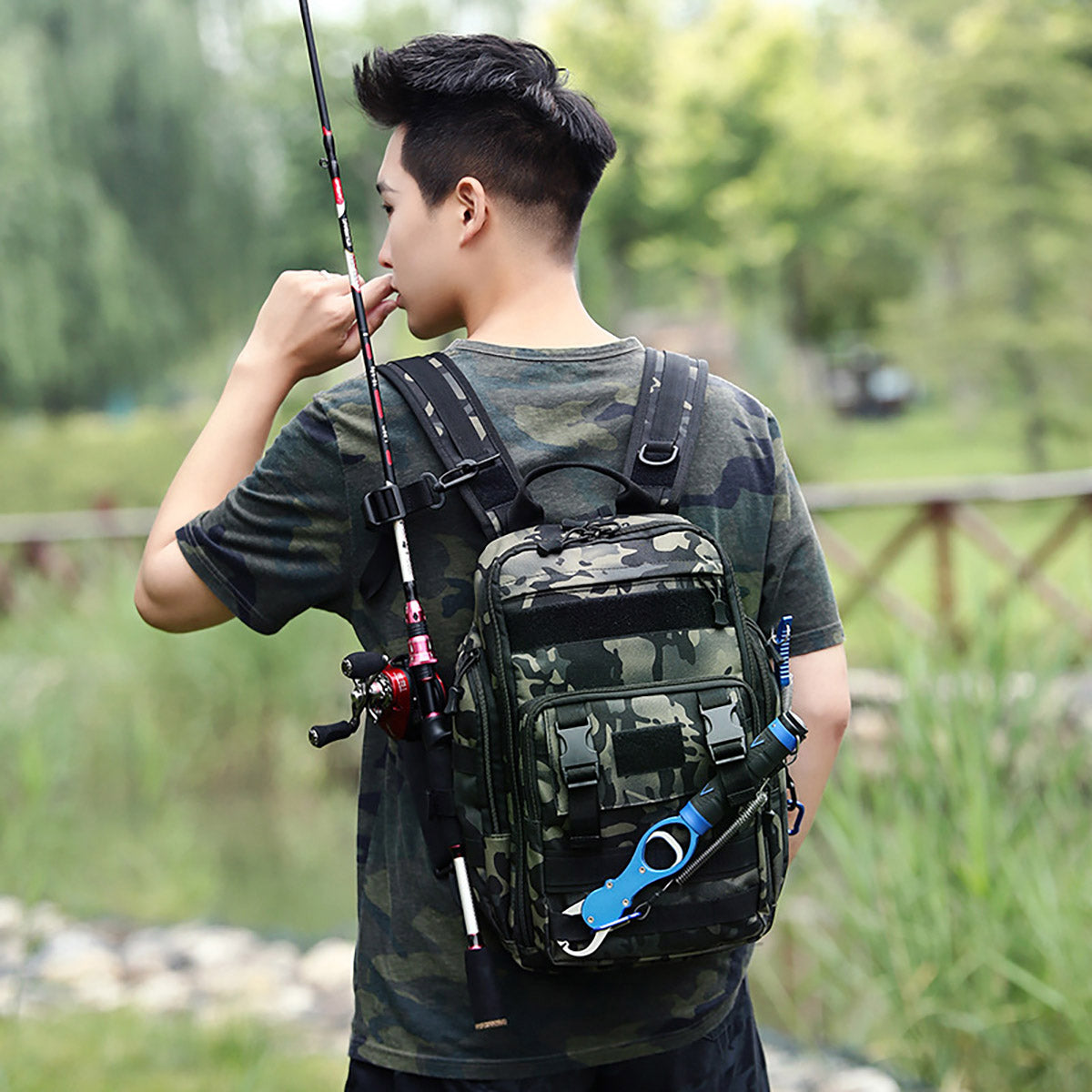 Men's Tactical Camouflage Backpack with Rod Holder for Outdoor Use