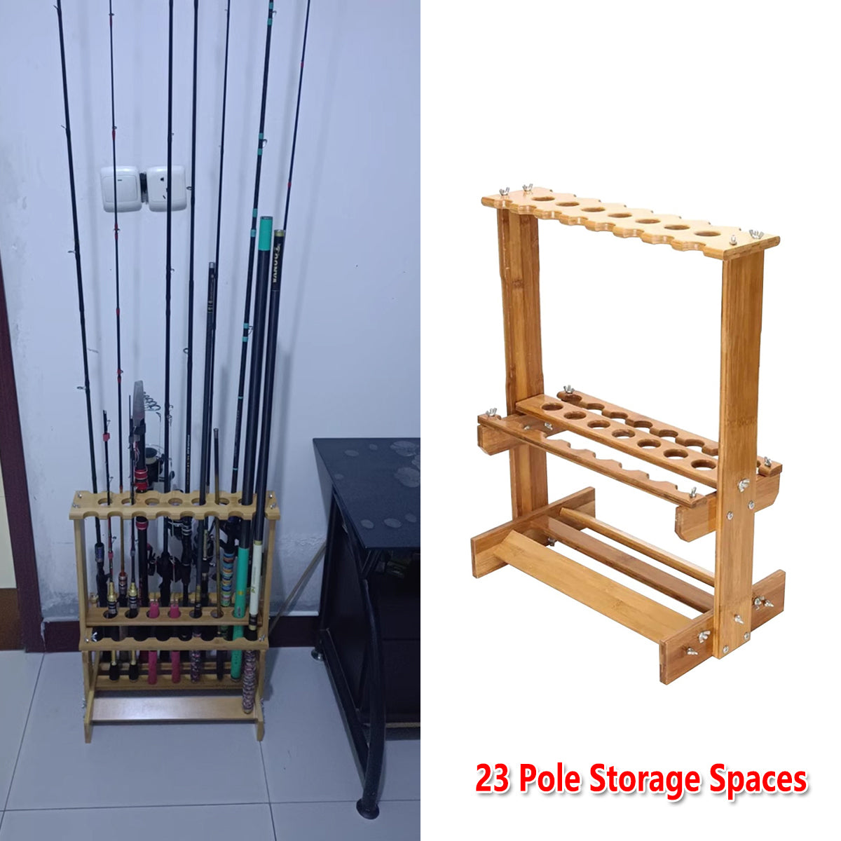 Wooden Fishing Rod Rack Bamboo Stand Holds 21 Rods For Storage