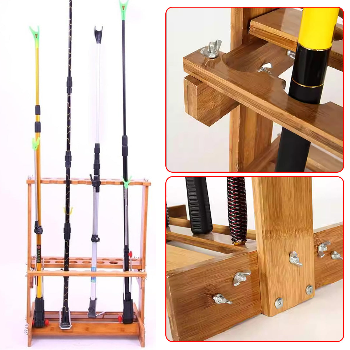 Wooden Fishing Rod Rack Bamboo Stand Holds 21 Rods For Storage