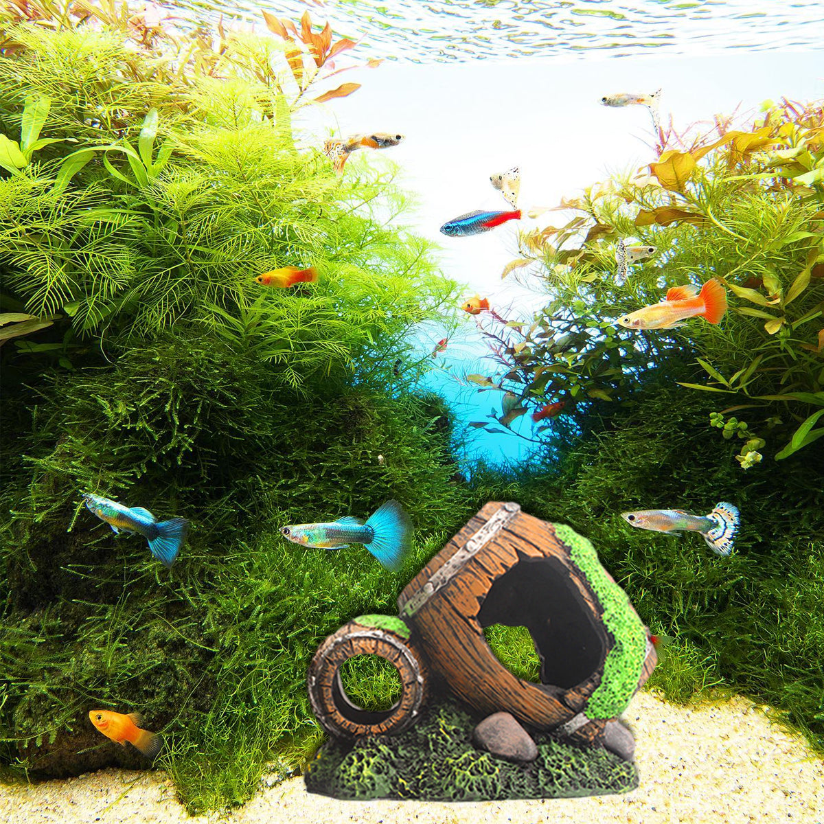 Aquarium Wine Barrel Decoration Resin Fish Tank Ornament With Moss