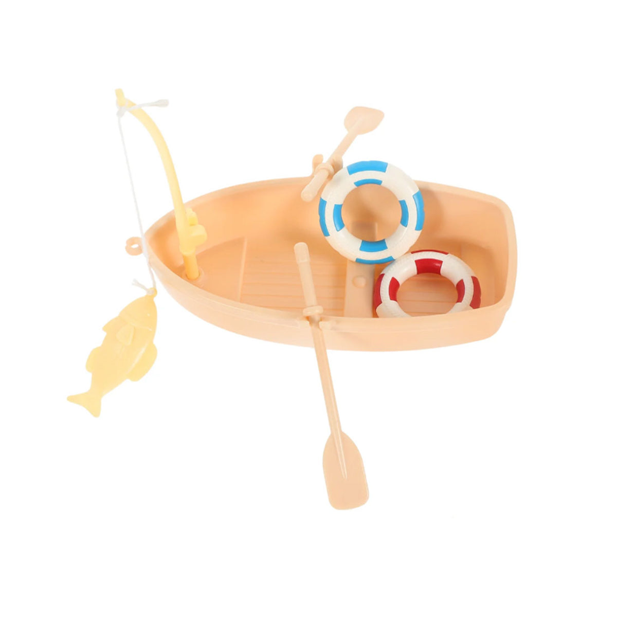 Miniature Fishing Boat Model with Rod and Life Buoys for Decoration