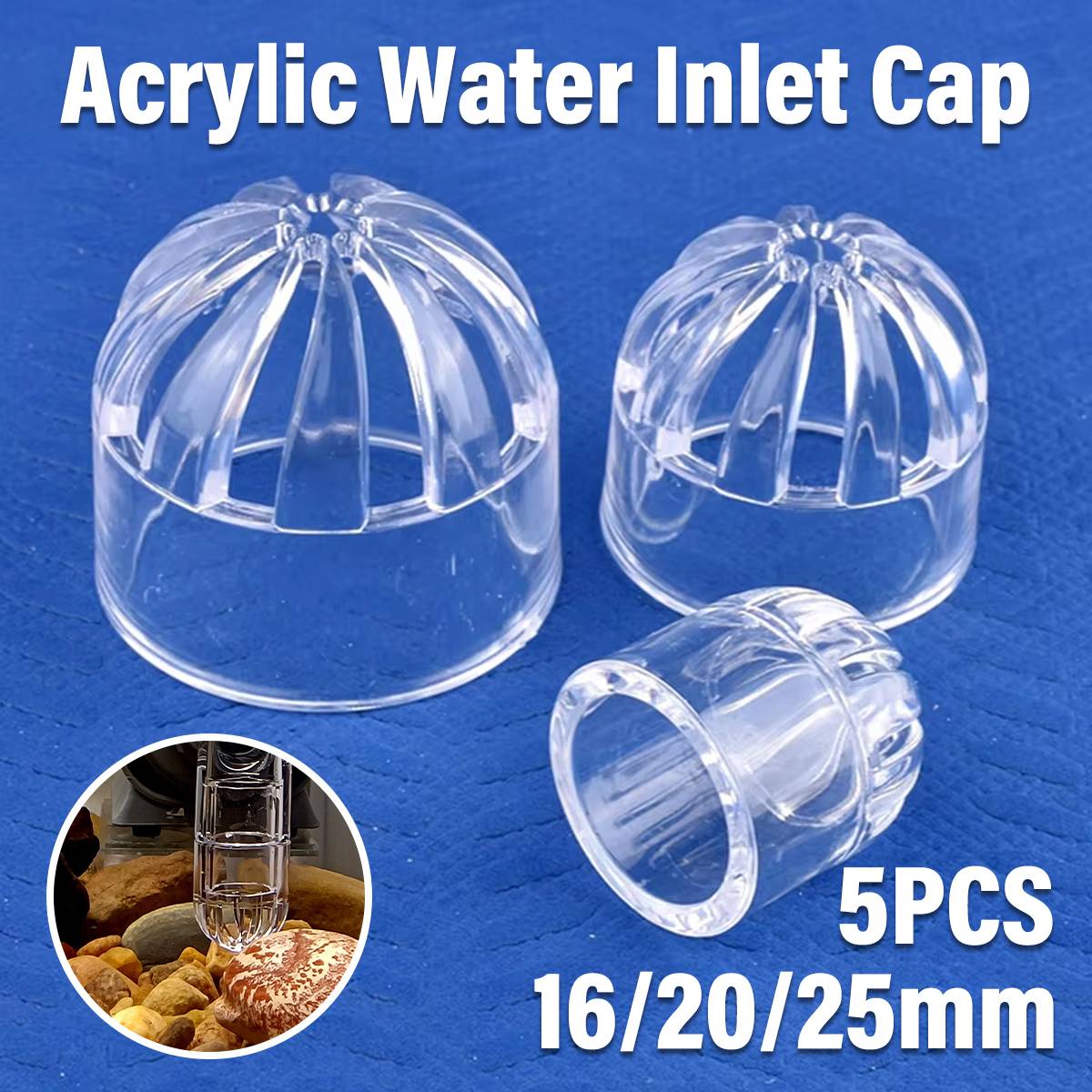 Five-pack clear acrylic aquarium inlet strainer caps