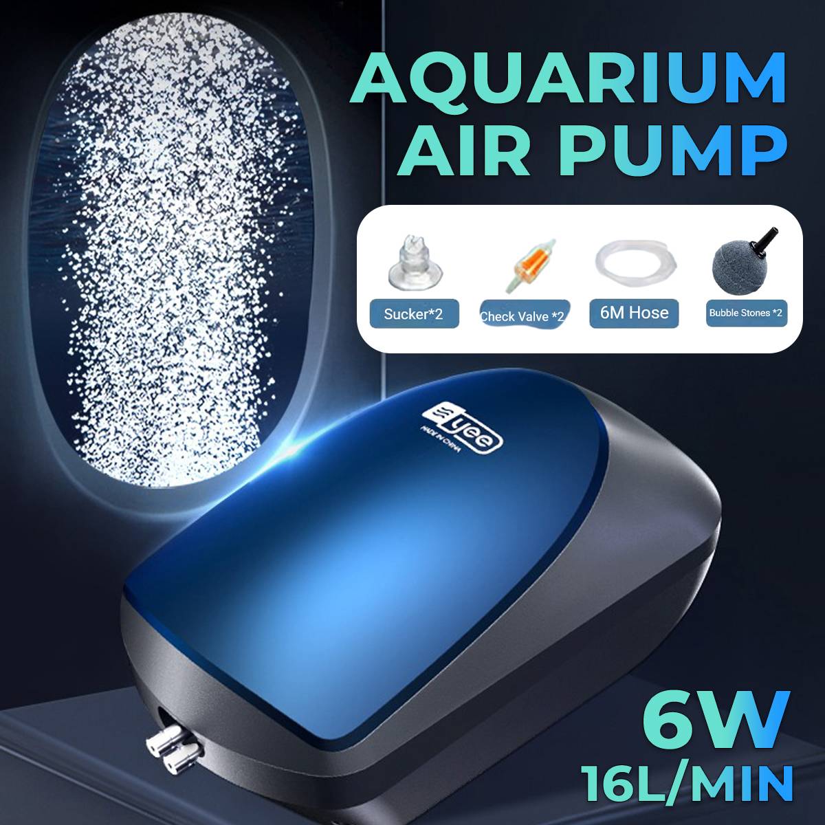 Yee Silent Aquarium Air Pump 6W 16L/min Dual Outlet