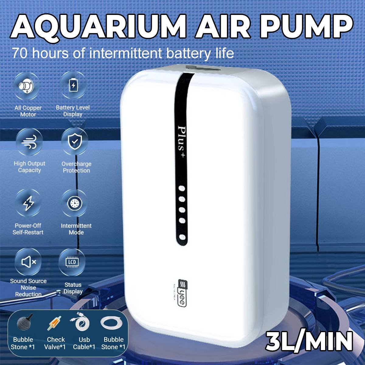 Portable Aquarium Air Pump 3L/min USB Rechargeable
