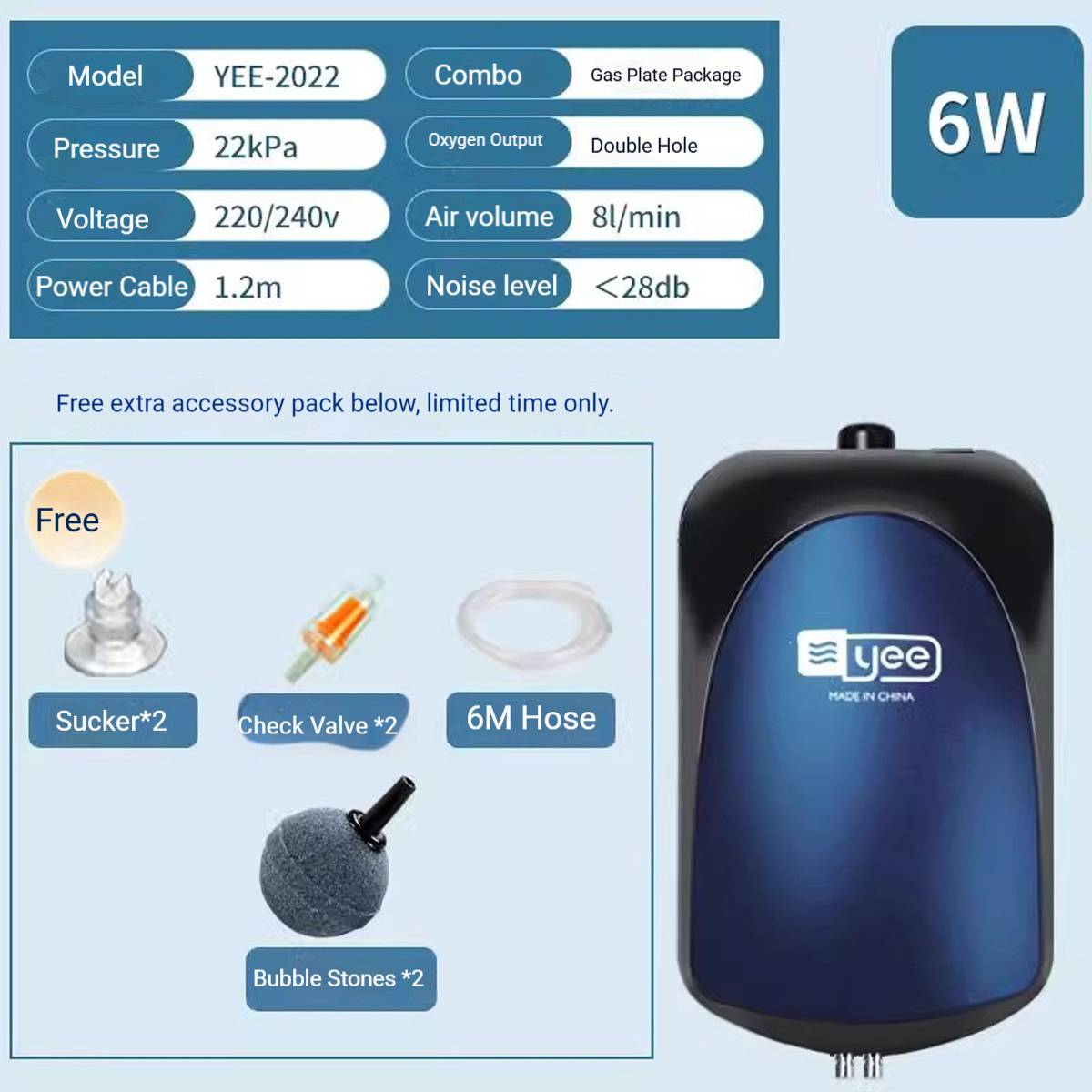 Yee Silent Aquarium Air Pump 6W 16L/min Dual Outlet