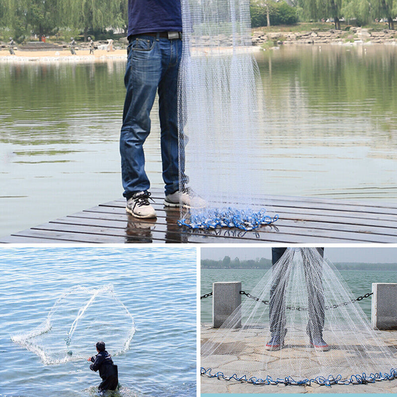 8ft 12ft Fishing Cast Net Quick Throw Nylon Mesh Drawstring Chain Bottom Spread