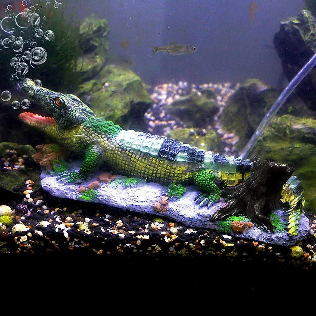 Crocodile Aquarium Ornament With Bubble Stone