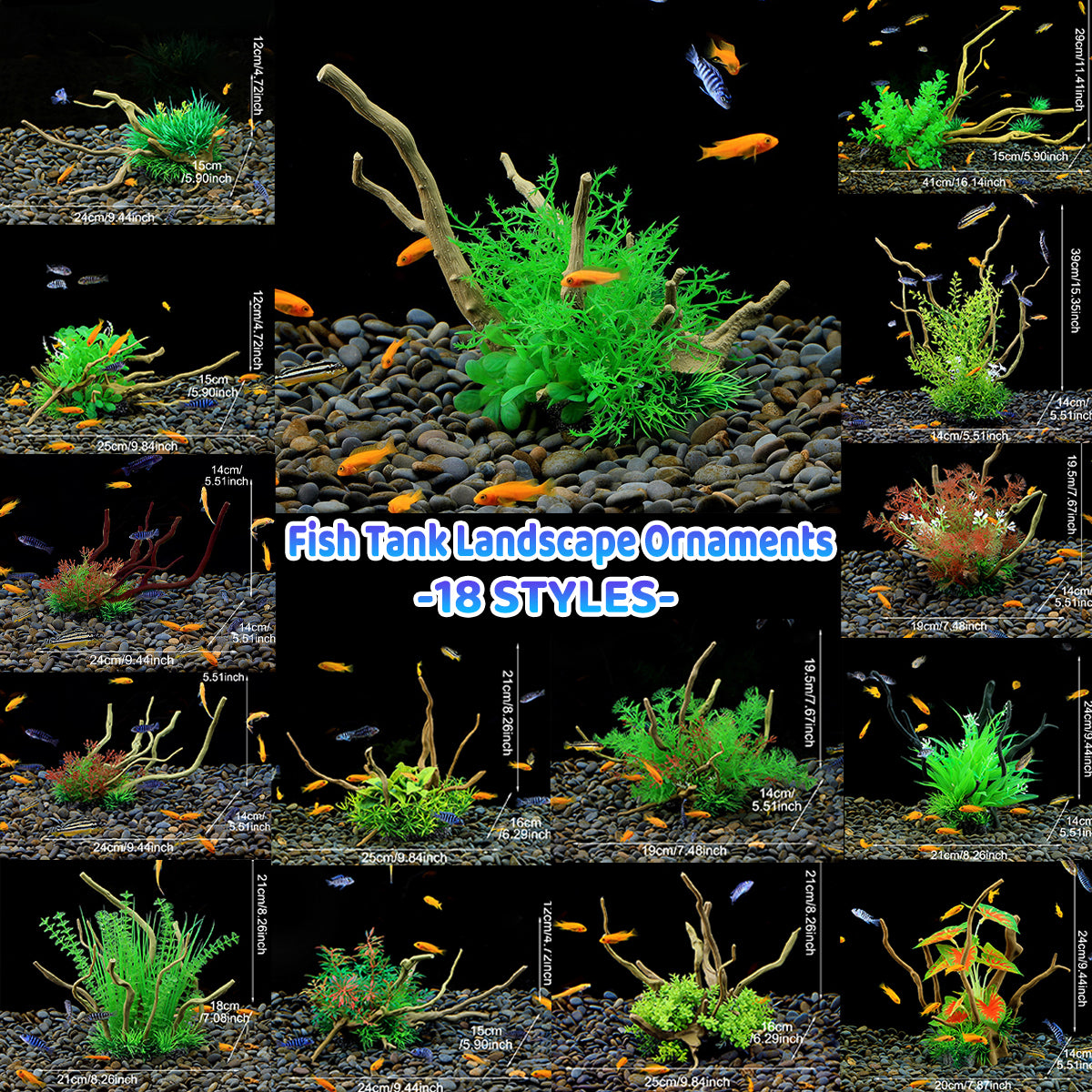 Aquarium Decoration Set with Artificial Wood and Water Grass