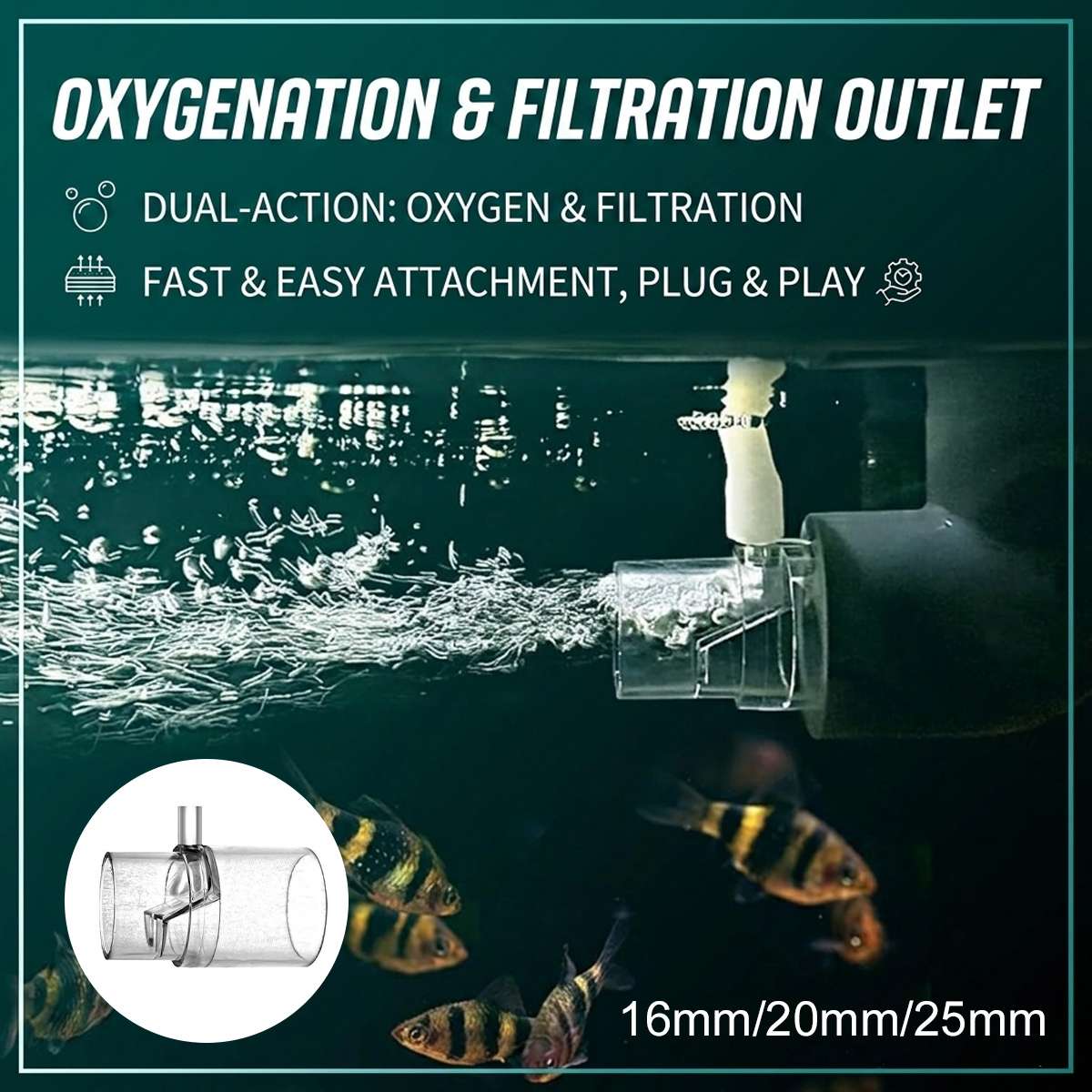 Duckbill aquarium filter outlet with 16mm, 20mm and 25mm options – product view 2