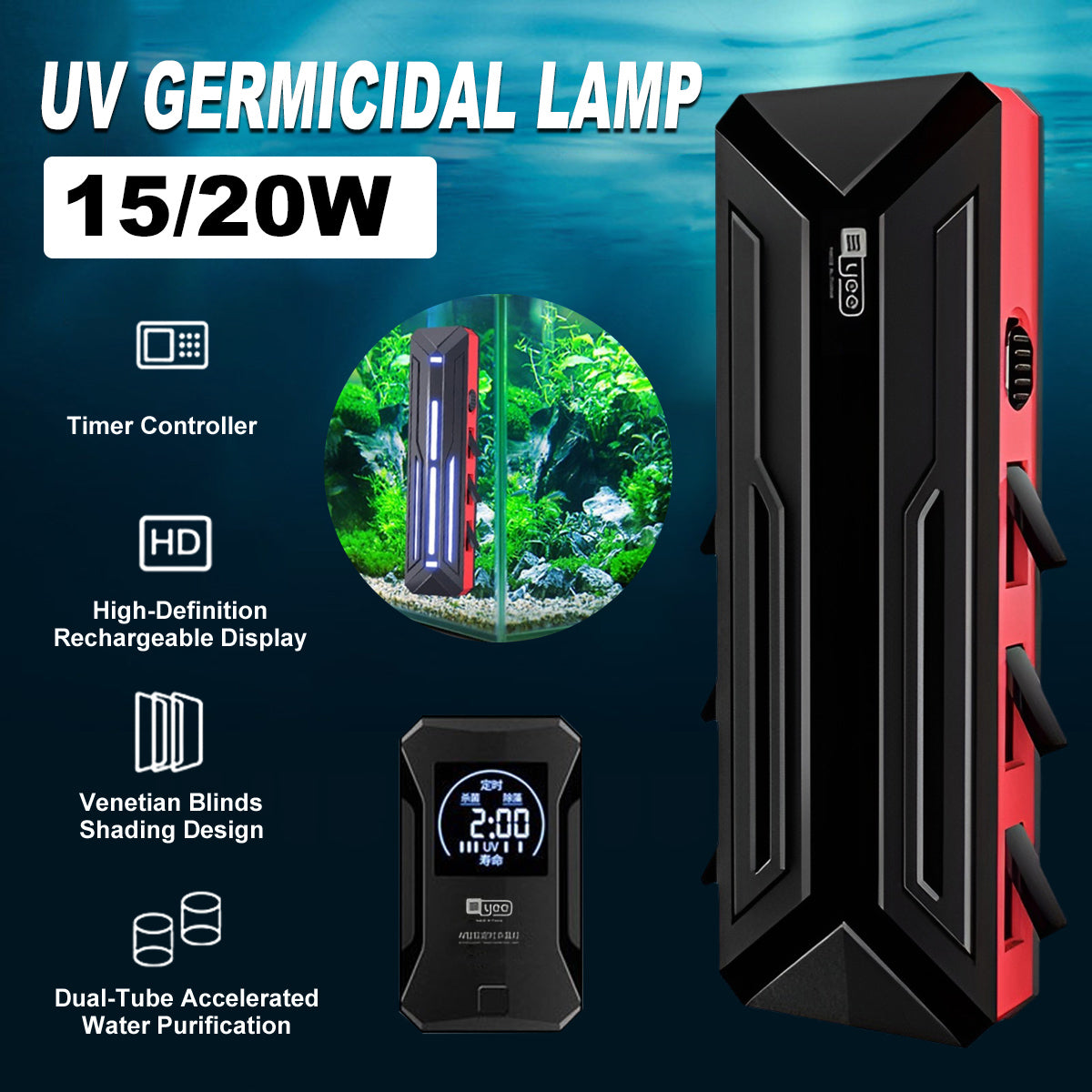 UV Germicidal Lamp for Aquarium Digital Timer Sterilizer 15W 20W