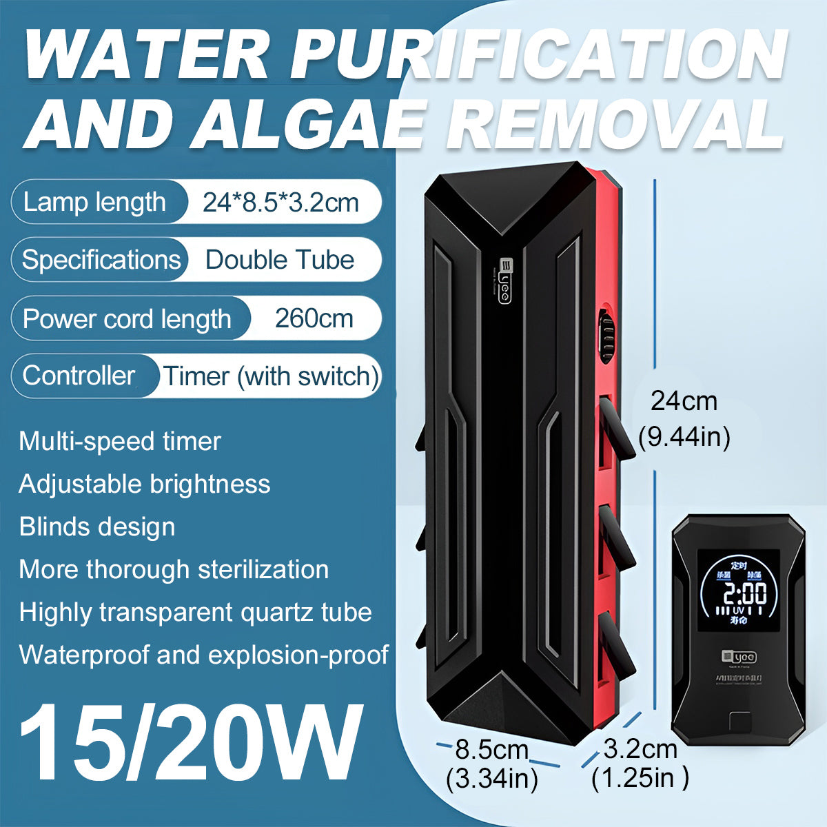 UV Germicidal Lamp for Aquarium Digital Timer Sterilizer 15W 20W
