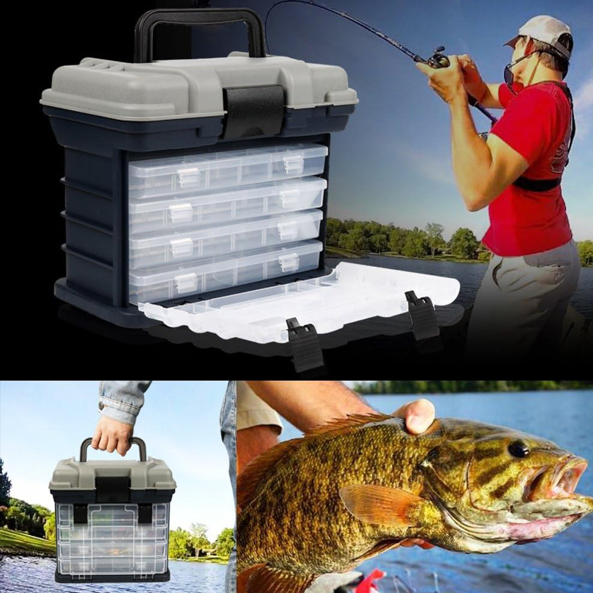 4-Tray Fishing Tackle Box with Handle Portable Gear Organizer