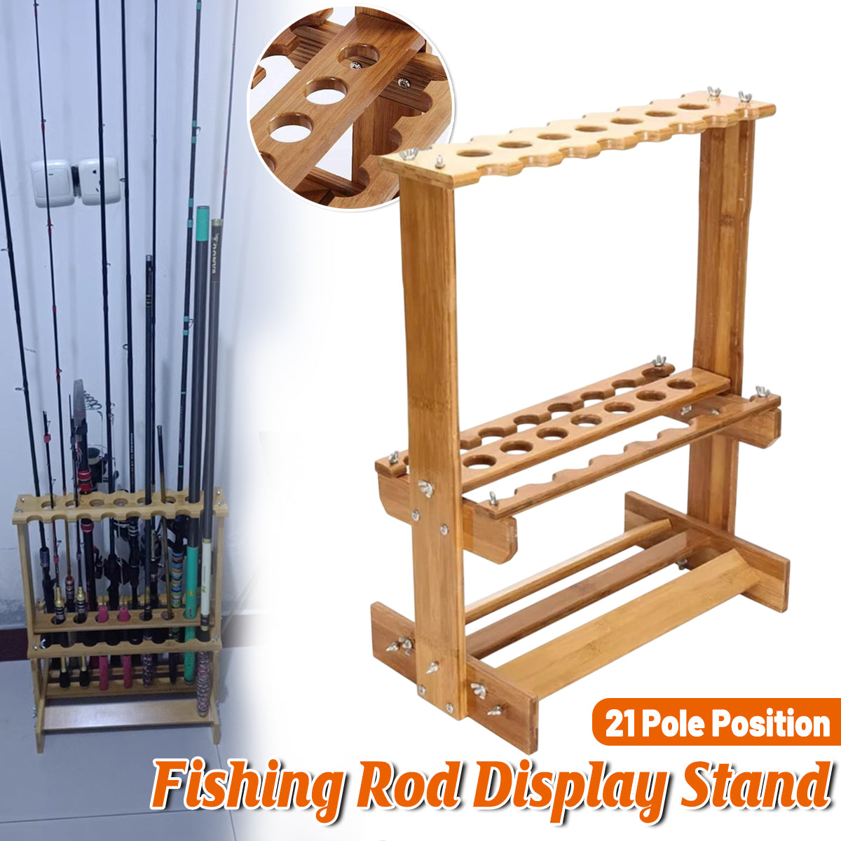 Wooden Fishing Rod Rack Bamboo Stand Holds 21 Rods For Storage
