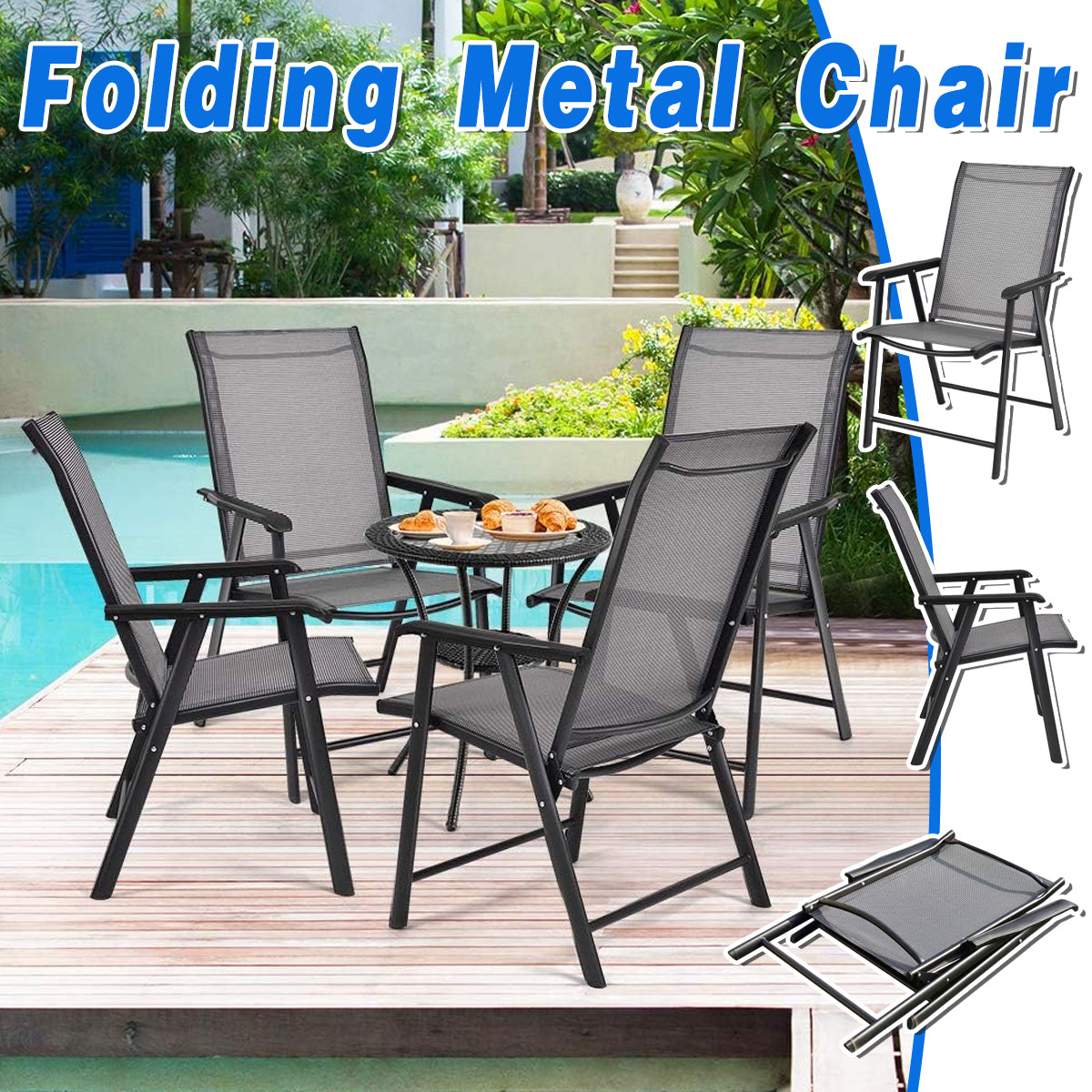 Comfortable Folding Metal Chair with Mesh Backrest for Outdoor Use