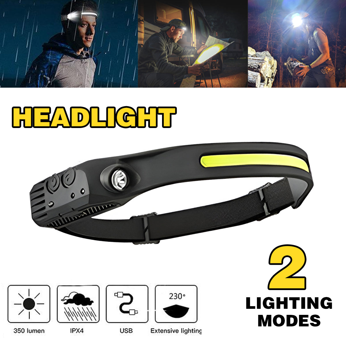Waterproof COB LED Headlamp Motion Sensor Rechargeable Torch