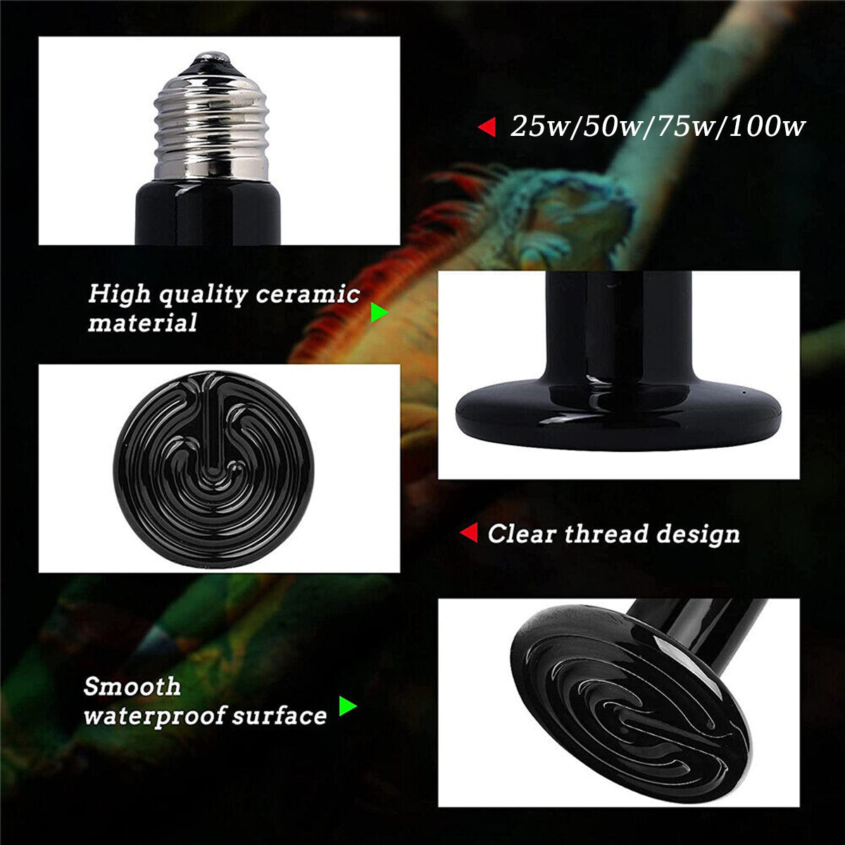 Ceramic Reptile Heat Lamp Bulb Infrared Heater (2PCS)
