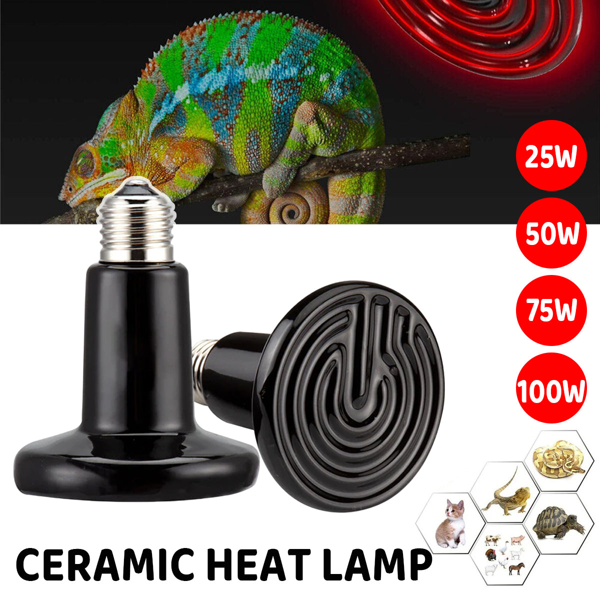 Ceramic Reptile Heat Lamp Bulb Infrared Heater (2PCS)