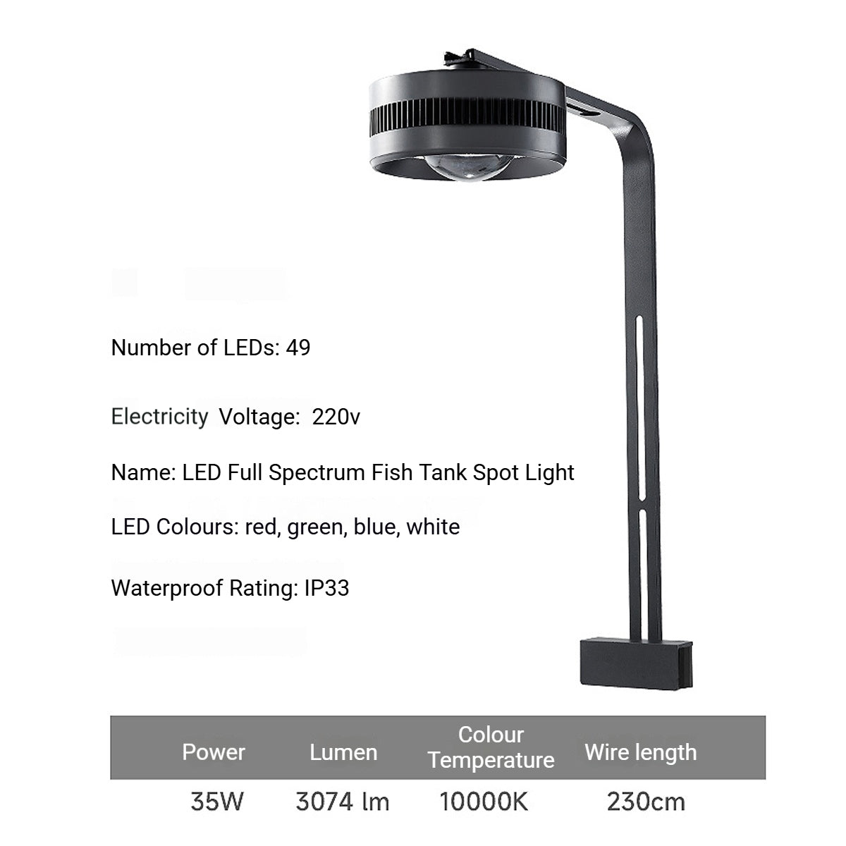 Yee LED Aquarium Light 35W Full Spectrum Clip-On Fish Tank Lamp