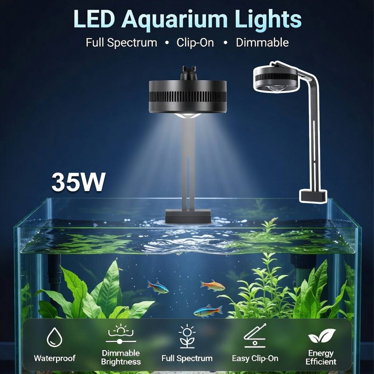 Yee LED Aquarium Light 35W Full Spectrum Clip-On Fish Tank Lamp