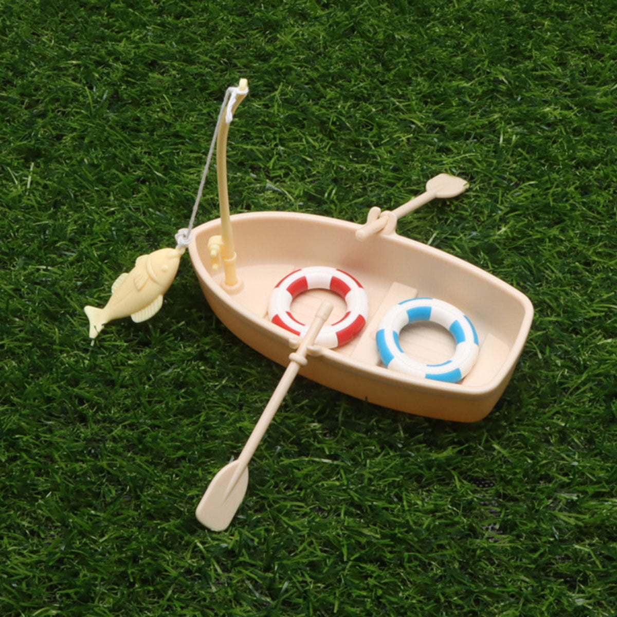 Miniature Fishing Boat Model with Rod and Life Buoys for Decoration