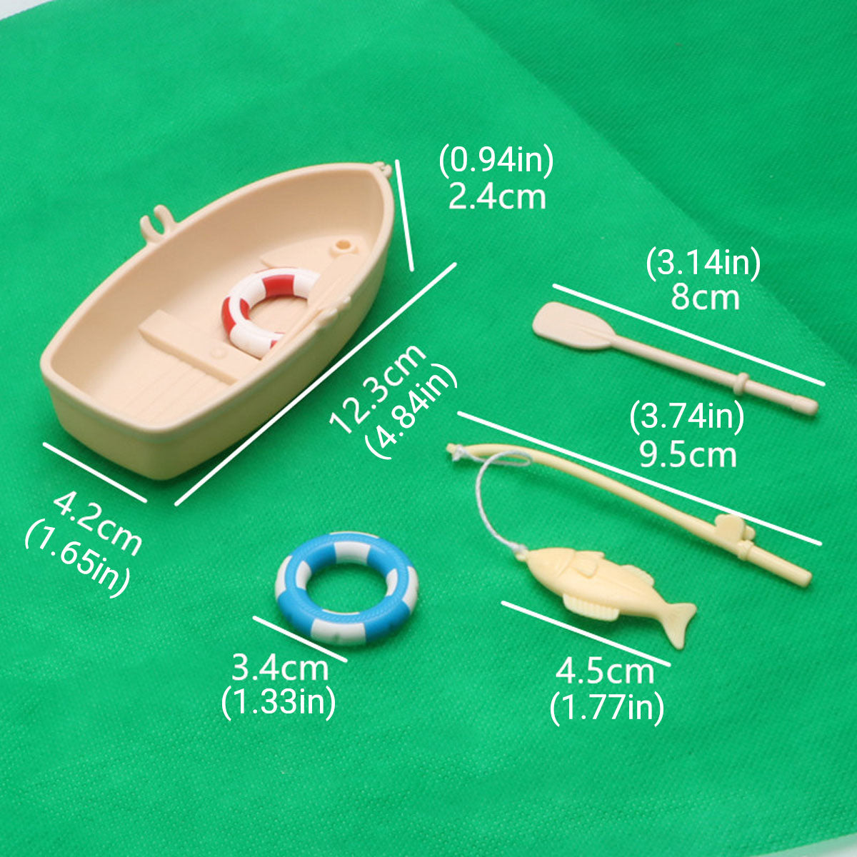 Miniature Fishing Boat Model with Rod and Life Buoys for Decoration