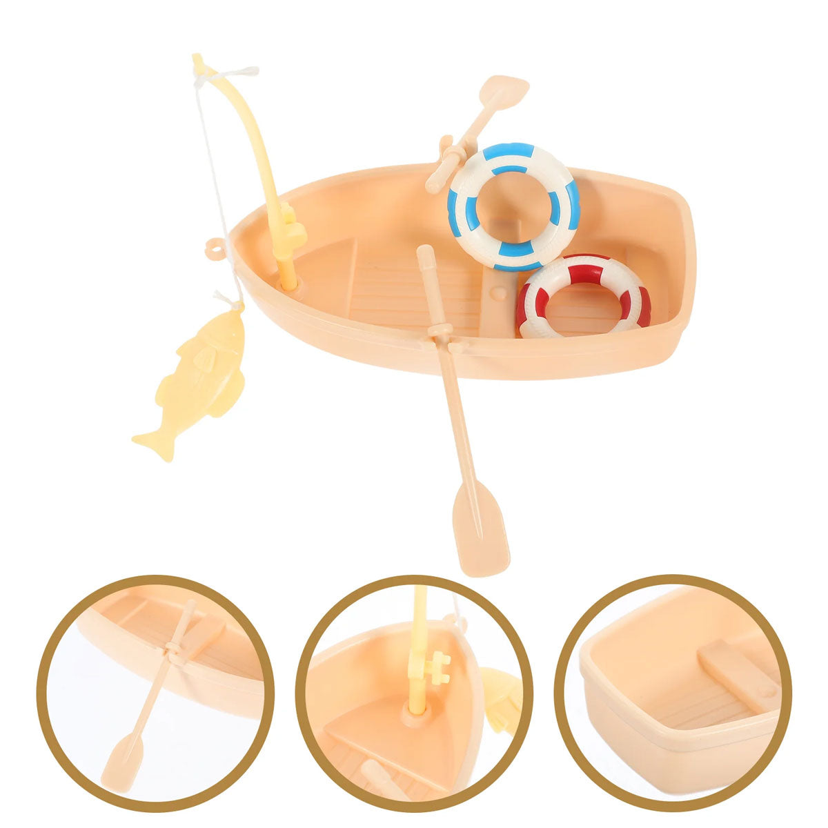 Miniature Fishing Boat Model with Rod and Life Buoys for Decoration