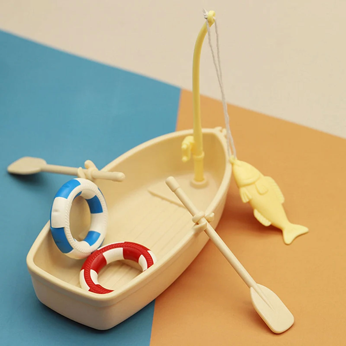 Miniature Fishing Boat Model with Rod and Life Buoys for Decoration