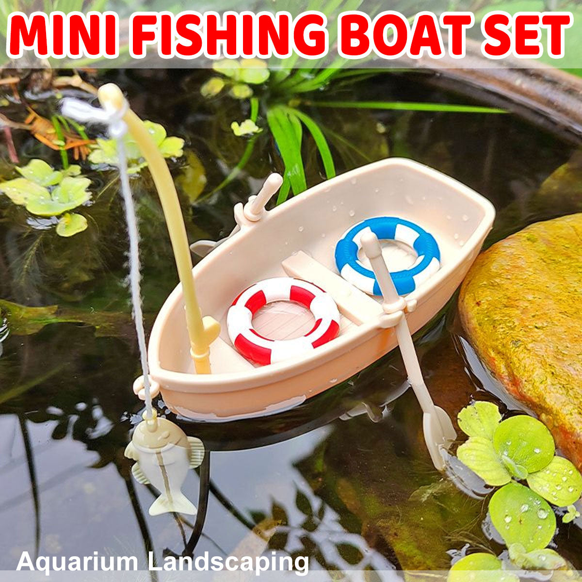 Miniature Fishing Boat Model with Rod and Life Buoys for Decoration