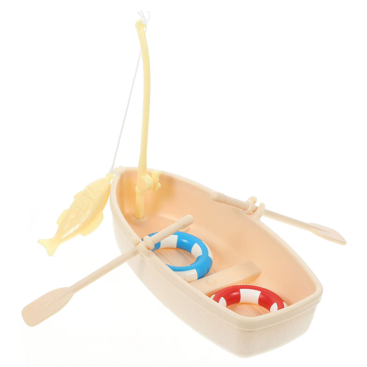 Miniature Fishing Boat Model with Rod and Life Buoys for Decoration