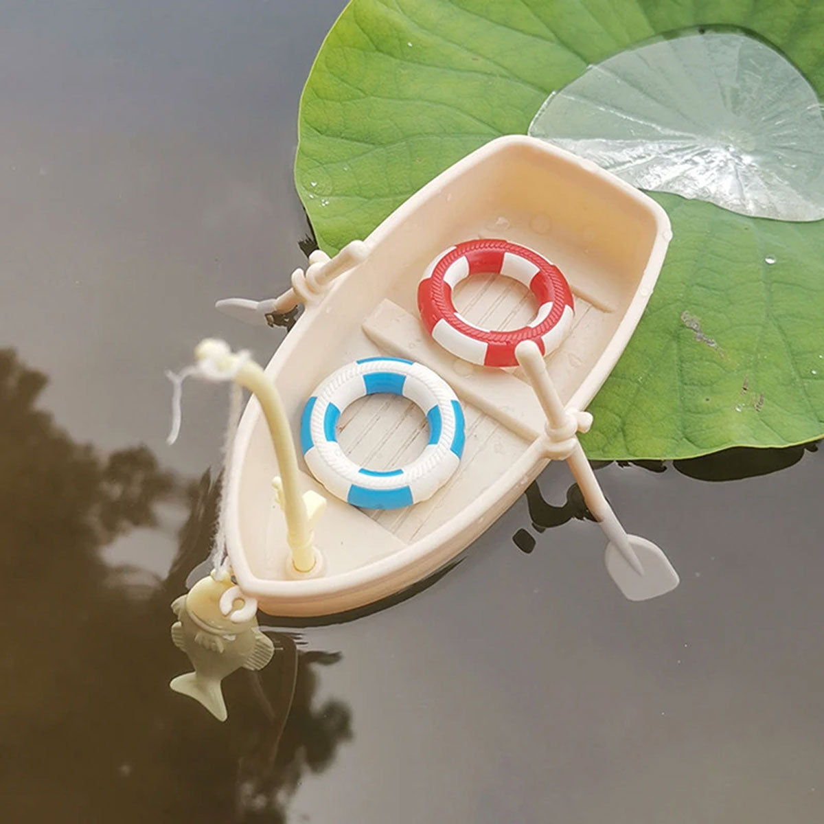 Miniature Fishing Boat Model with Rod and Life Buoys for Decoration