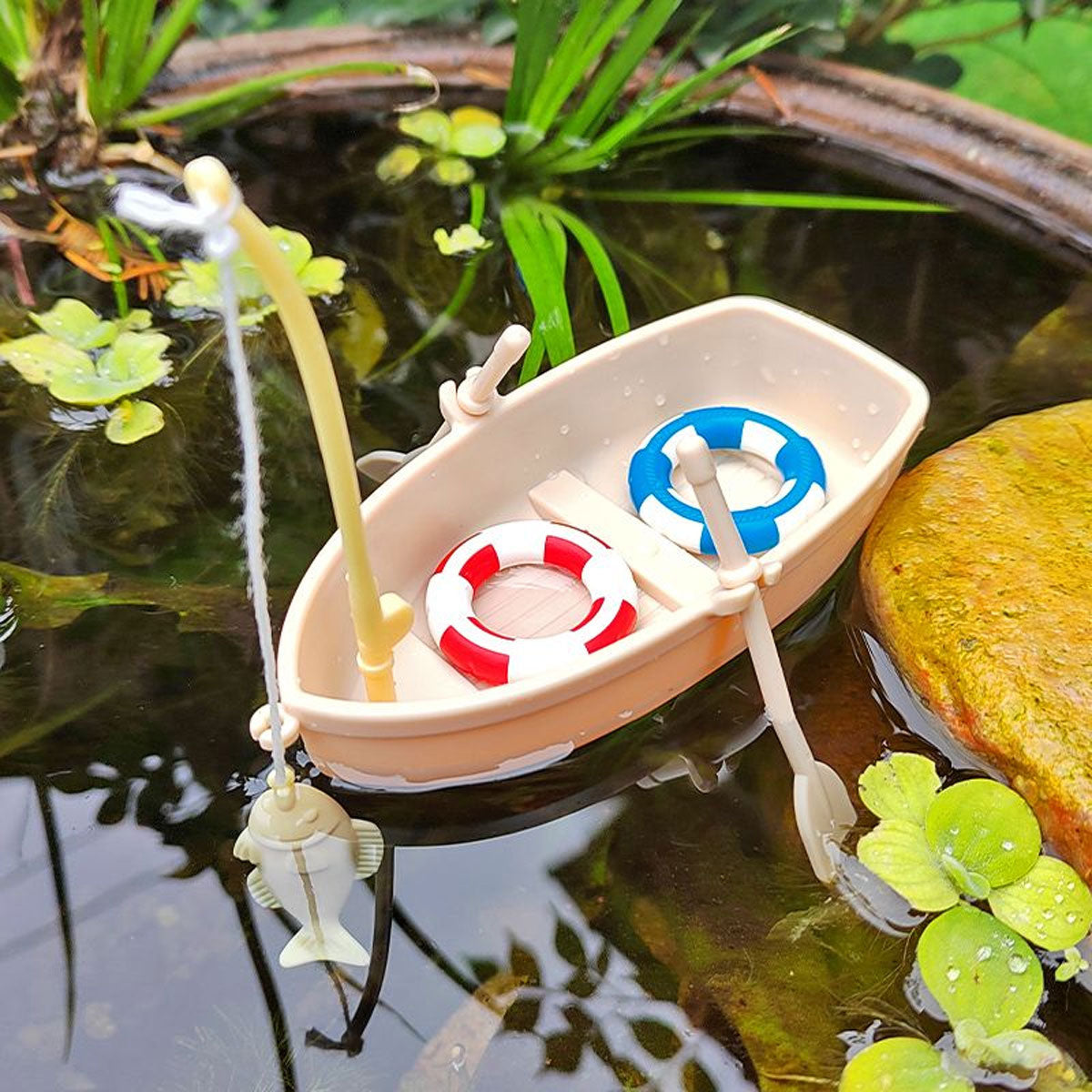 Miniature Fishing Boat Model with Rod and Life Buoys for Decoration