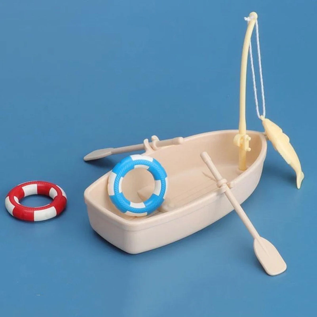 Miniature Fishing Boat Model with Rod and Life Buoys for Decoration