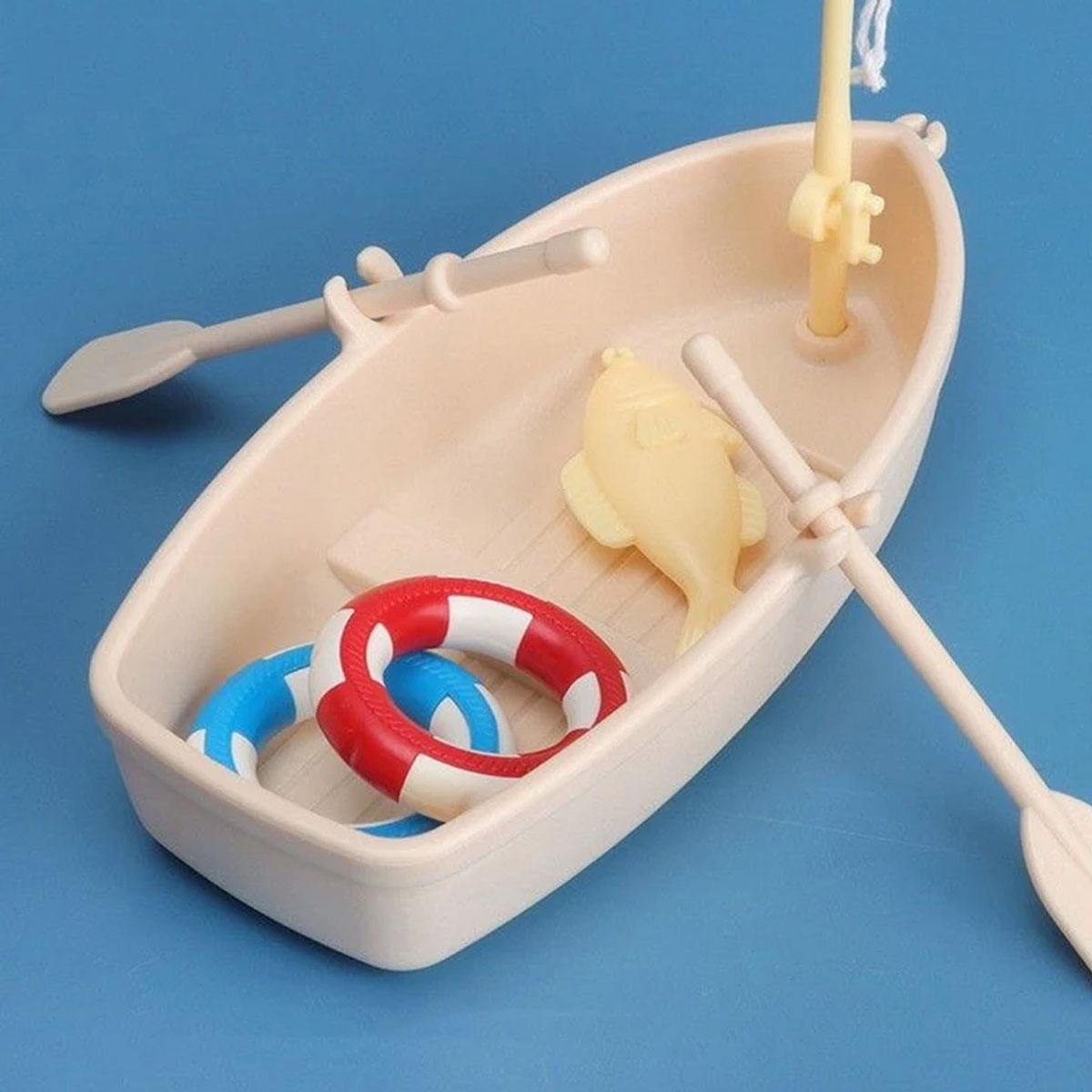 Miniature Fishing Boat Model with Rod and Life Buoys for Decoration