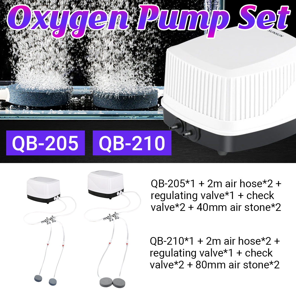 Aquarium Oxygen Pump Set for Fish Tank with Air Stone Silent Durable Adjustable