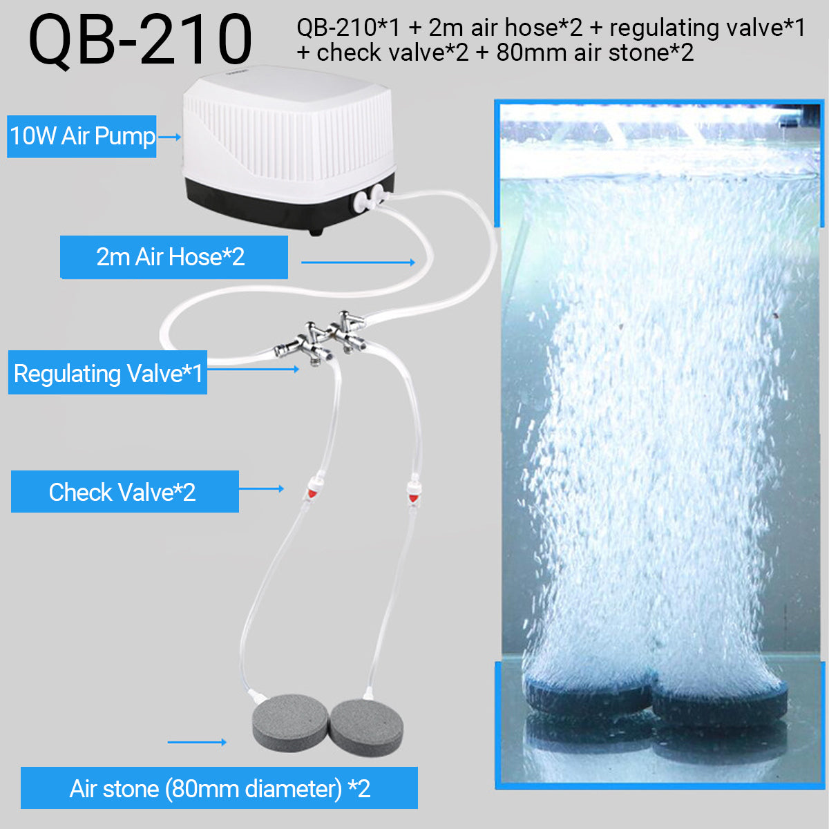 Aquarium Oxygen Pump Set for Fish Tank with Air Stone Silent Durable Adjustable