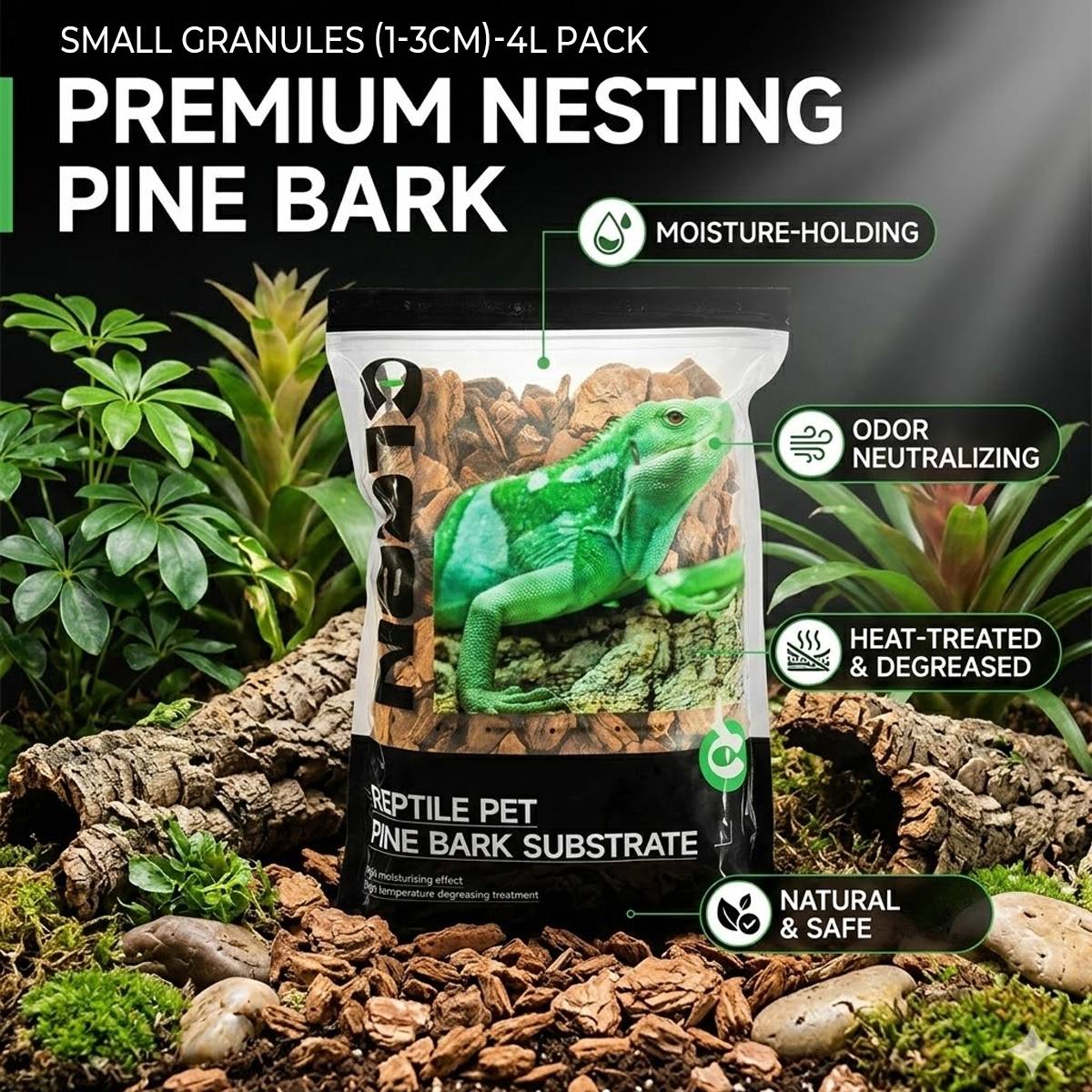 Natural pine bark bedding for reptile vivariums in small pack